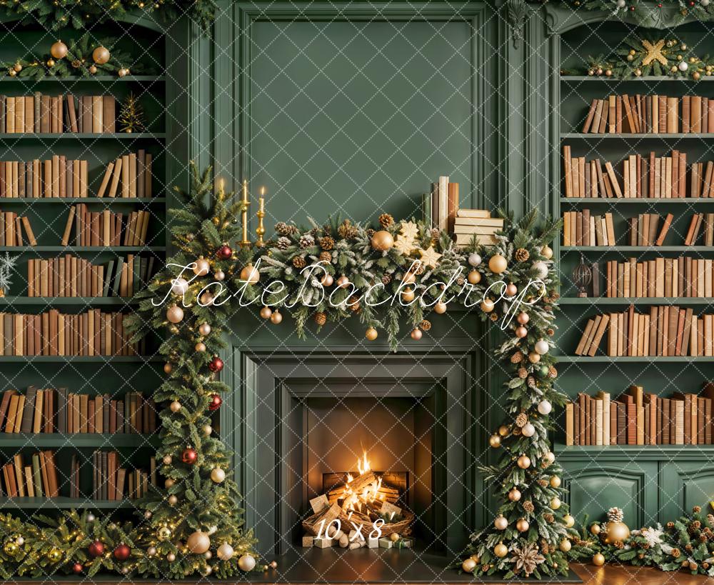 Kate Christmas Fireplace Bookshelves Green Fleece Backdrop Designed by Emetselch - Image 3