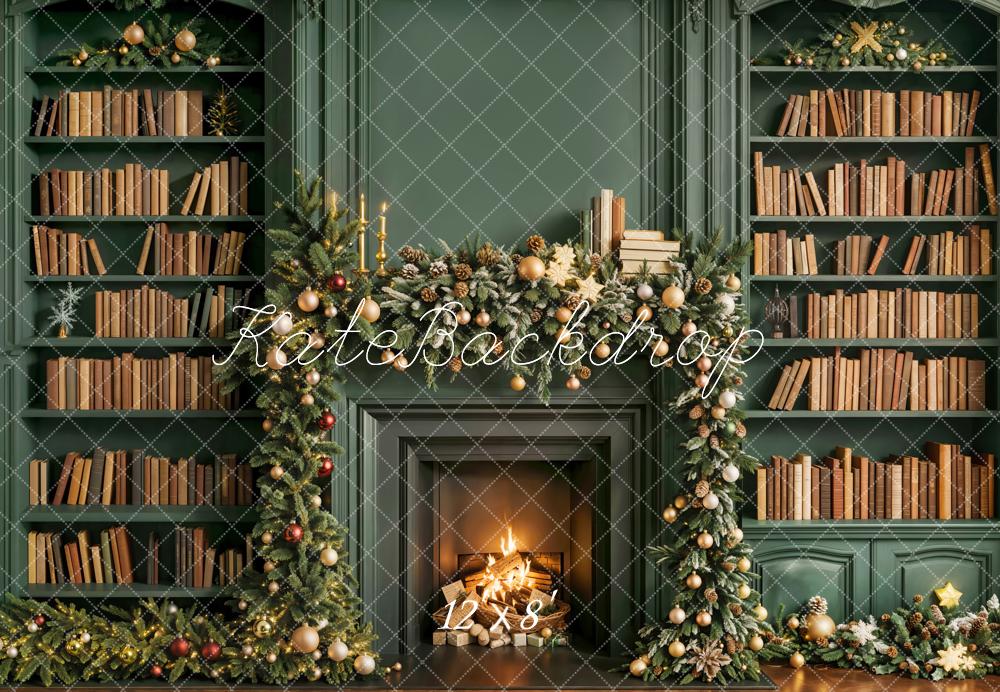 Kate Christmas Fireplace Bookshelves Green Fleece Backdrop Designed by Emetselch - Image 4