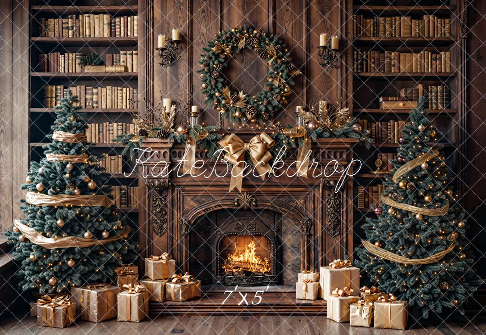 Kate Christmas Fireplace Bookshelves Trees Backdrop Designed by Emetselch - Image 2