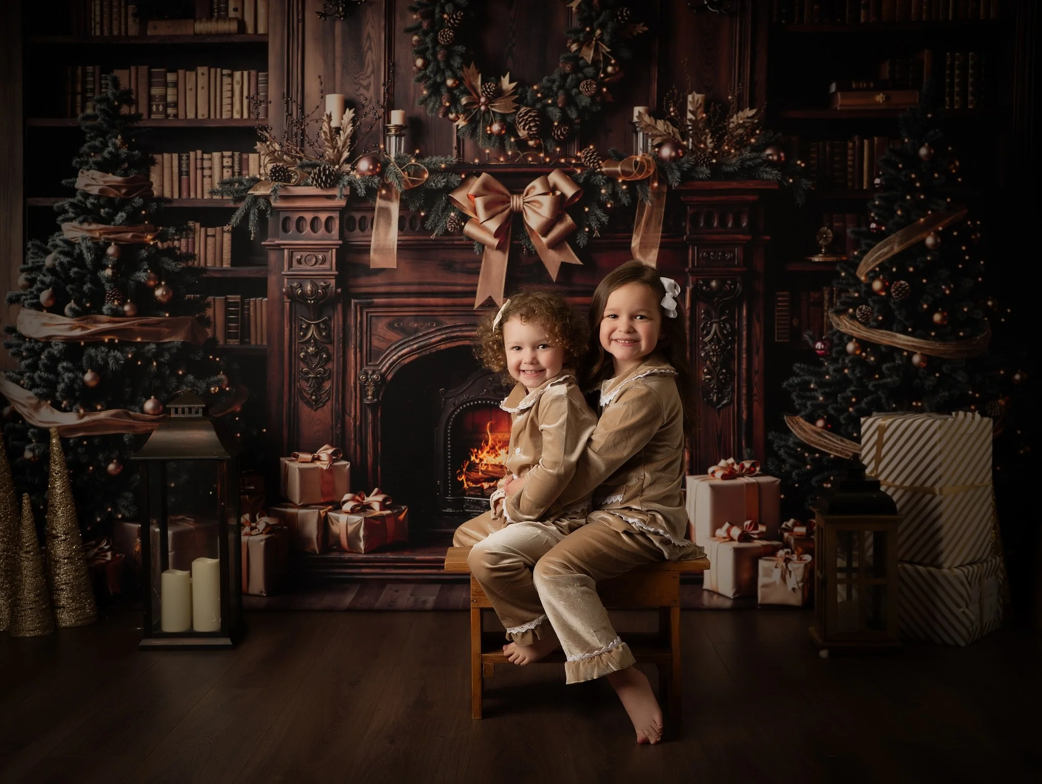 Kate Christmas Fireplace Bookshelves Trees Backdrop Designed by Emetselch - Image 3