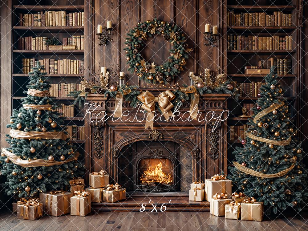 Kate Christmas Fireplace Bookshelves Trees Backdrop Designed by Emetselch - Image 5