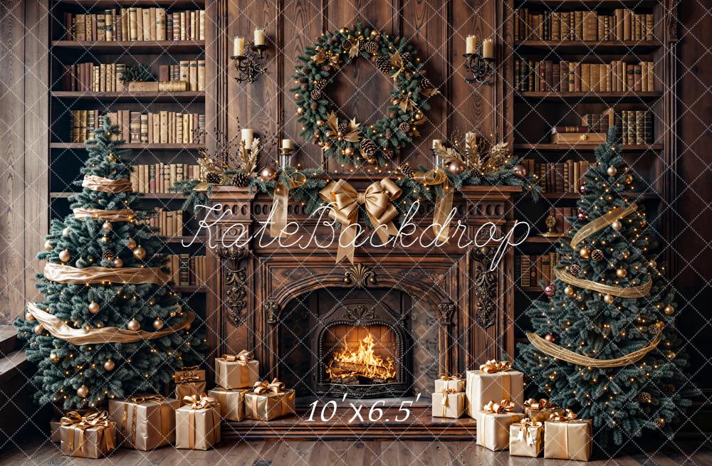 Kate Christmas Fireplace Bookshelves Trees Backdrop Designed by Emetselch - Image 6