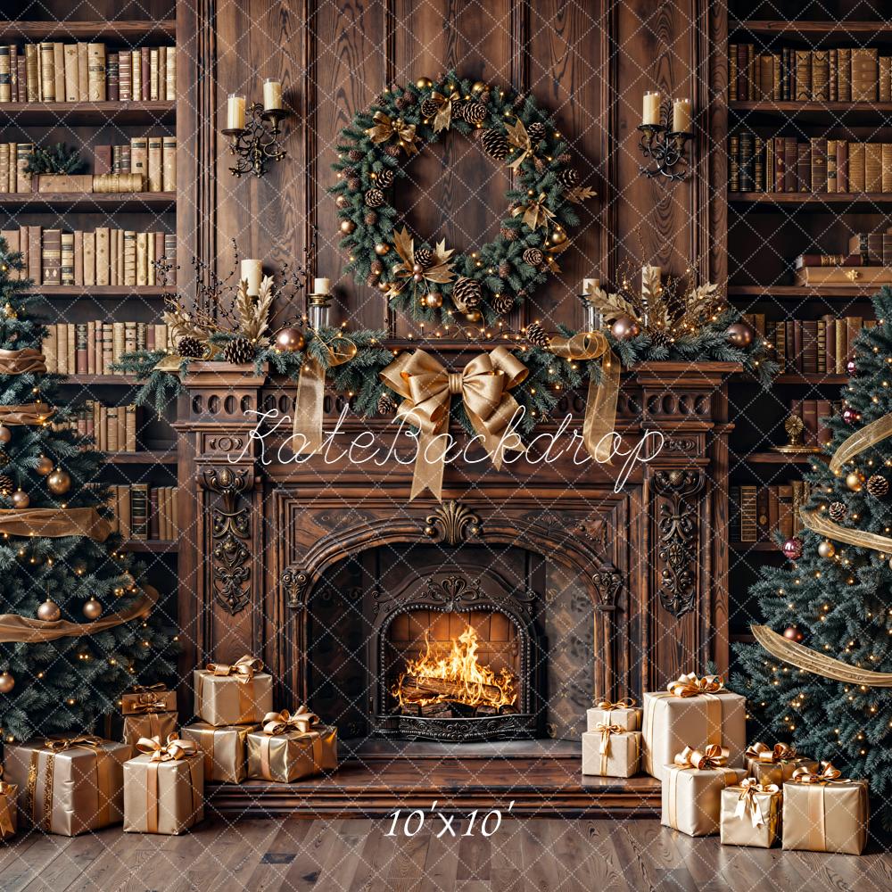 Kate Christmas Fireplace Bookshelves Trees Backdrop Designed by Emetselch - Image 9