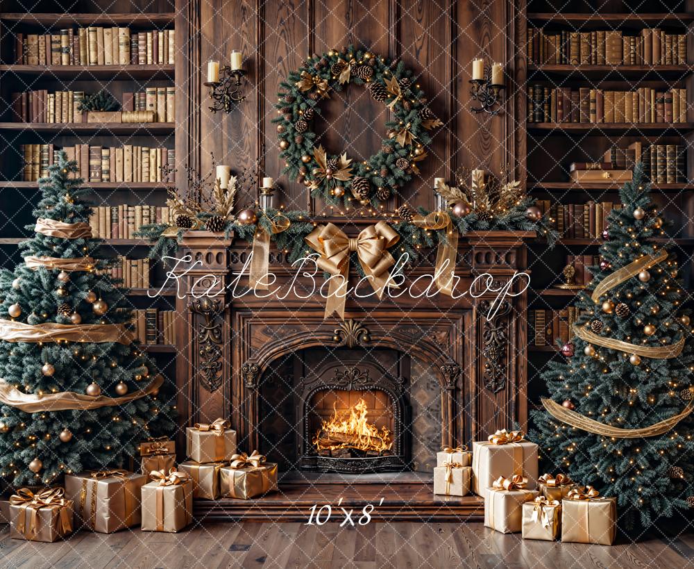 Kate Christmas Fireplace Bookshelves Trees Fleece Backdrop Designed by Emetselch - Image 3
