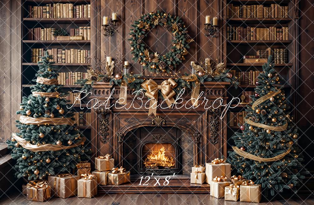 Kate Christmas Fireplace Bookshelves Trees Fleece Backdrop Designed by Emetselch - Image 4