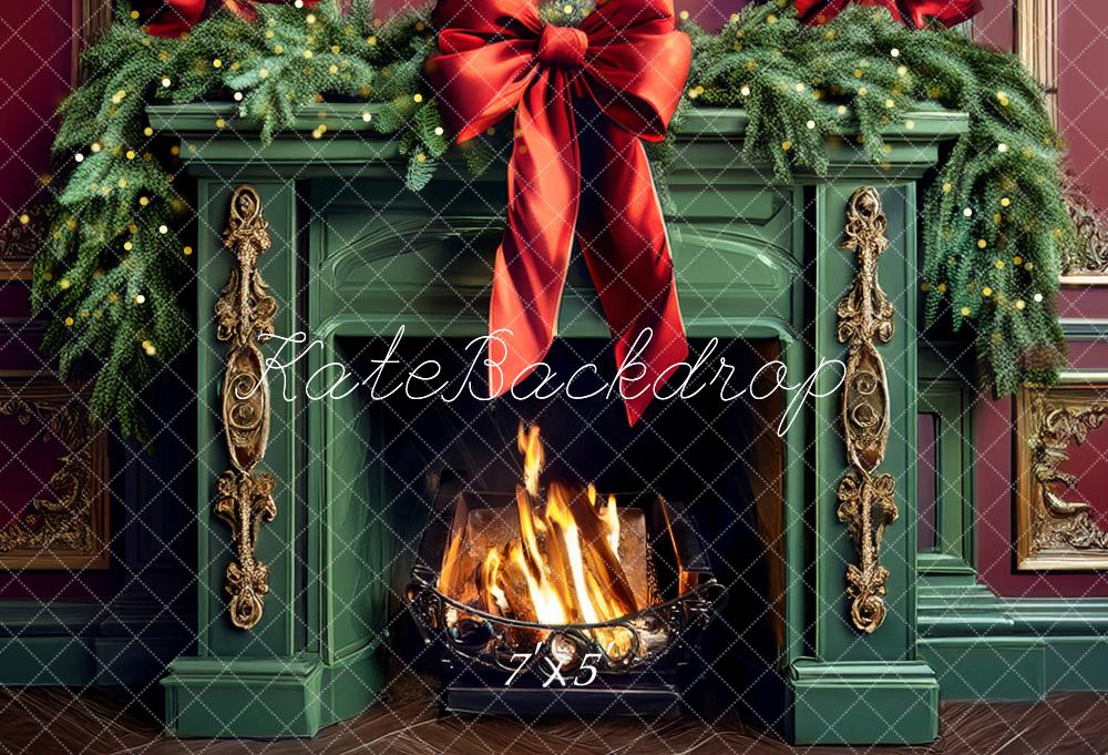 Kate Christmas Green Fireplace Bow Backdrop Designed by Mandy Ringe Photography - Image 2