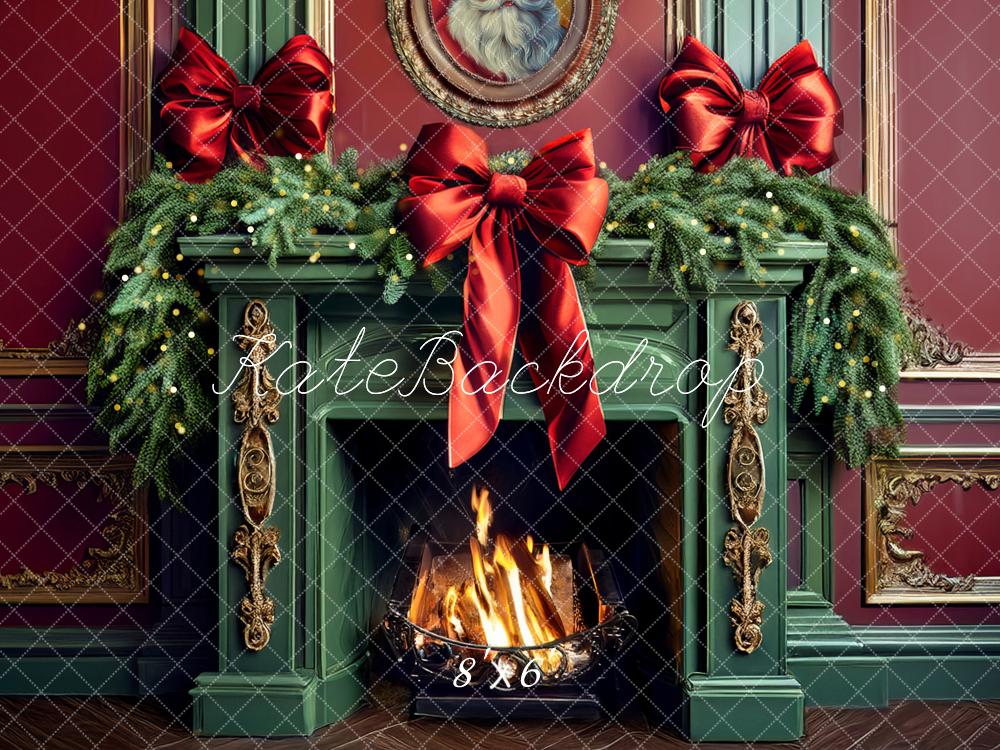 Kate Christmas Green Fireplace Bow Backdrop Designed by Mandy Ringe Photography - Image 4