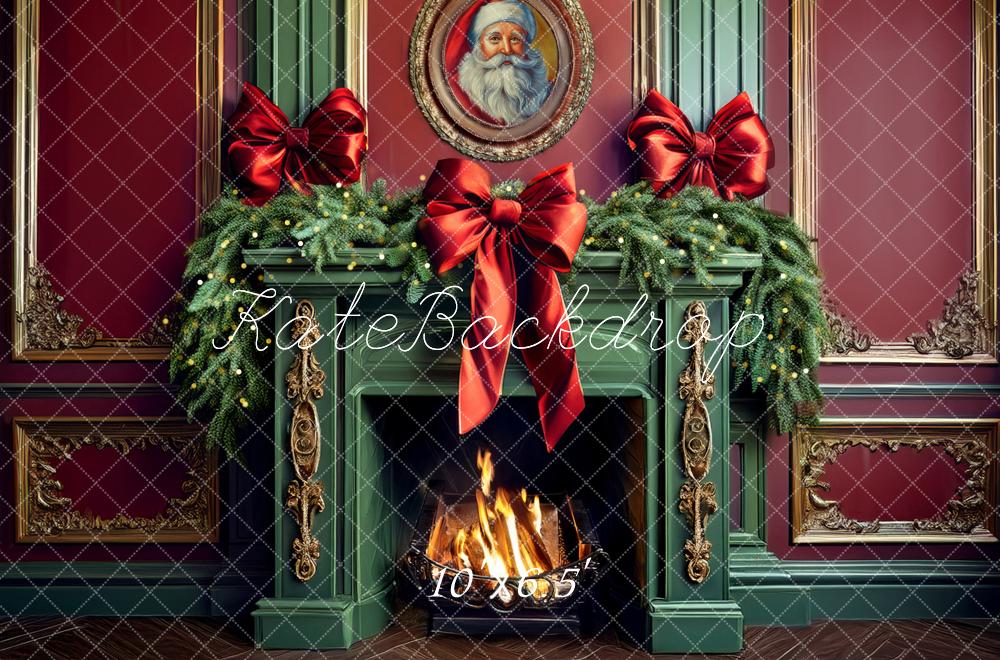 Kate Christmas Green Fireplace Bow Backdrop Designed by Mandy Ringe Photography - Image 5