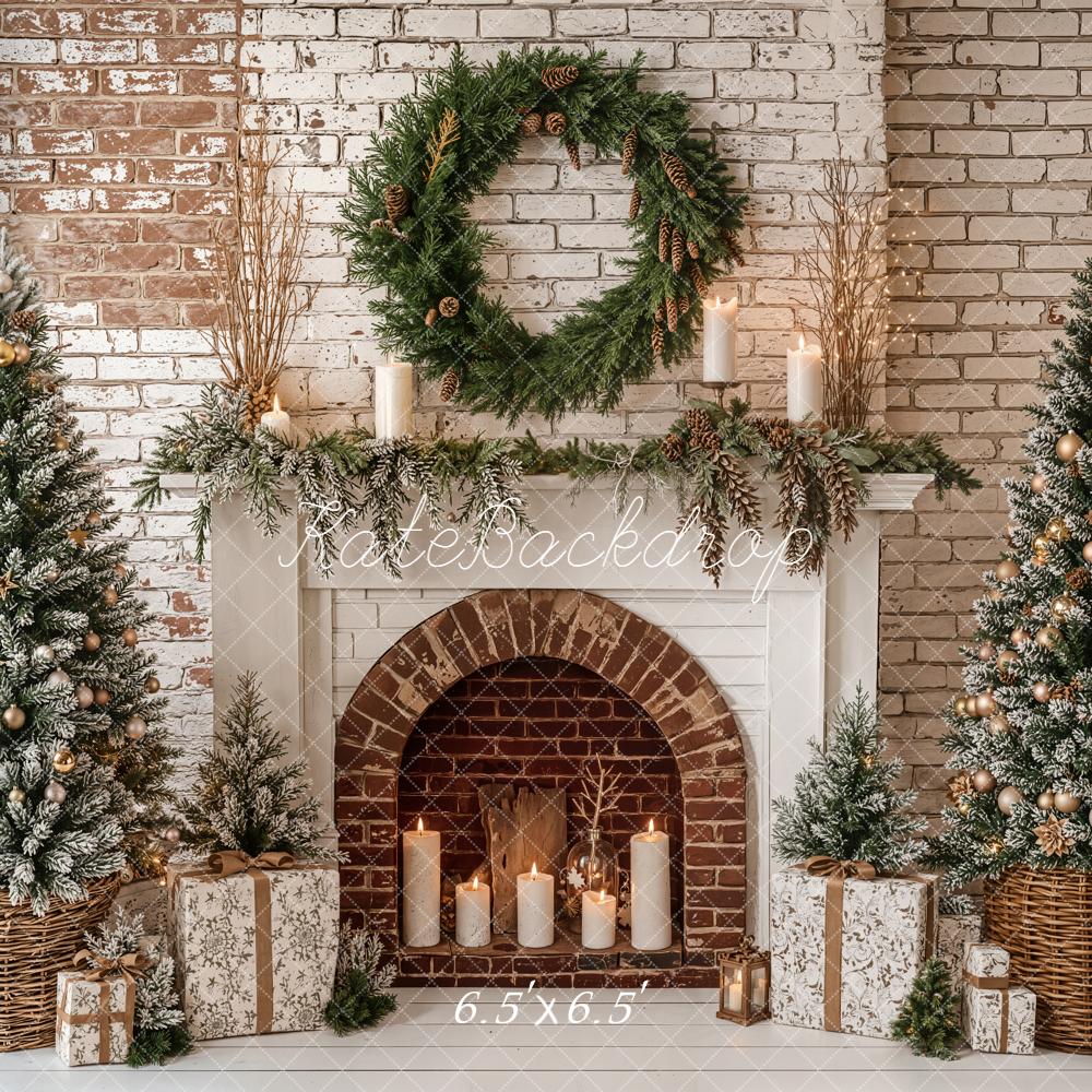 Kate Christmas Fireplace Brick Wall Frosted Trees Backdrop Designed by Emetselch - Image 2