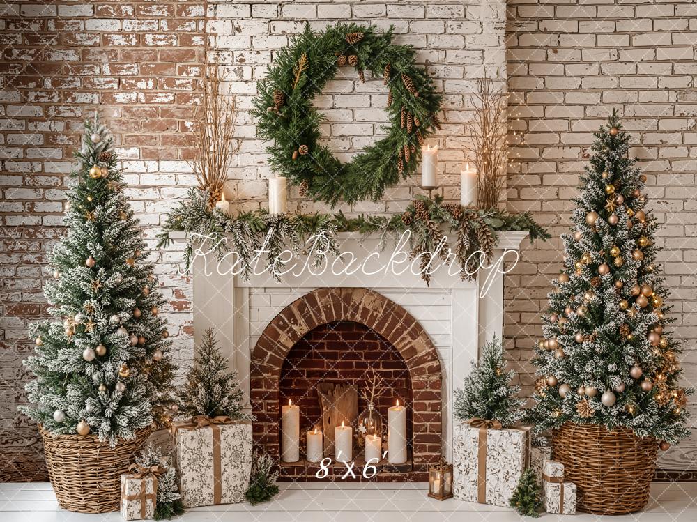 Kate Christmas Fireplace Brick Wall Frosted Trees Backdrop Designed by Emetselch - Image 3