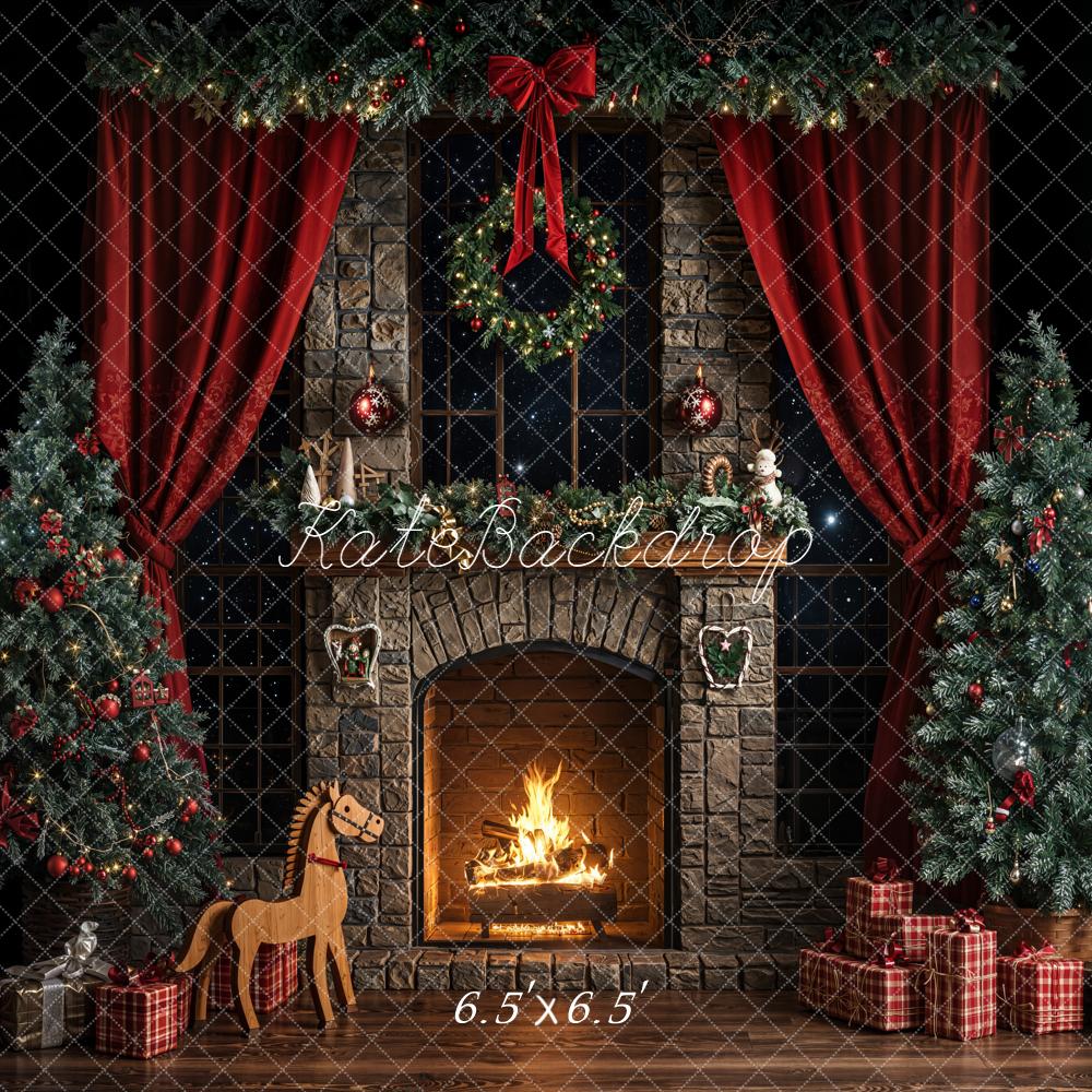 Kate Dark Christmas Fireplace Trees Backdrop Designed by Emetselch - Image 2