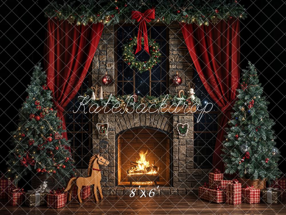 Kate Dark Christmas Fireplace Trees Backdrop Designed by Emetselch - Image 3