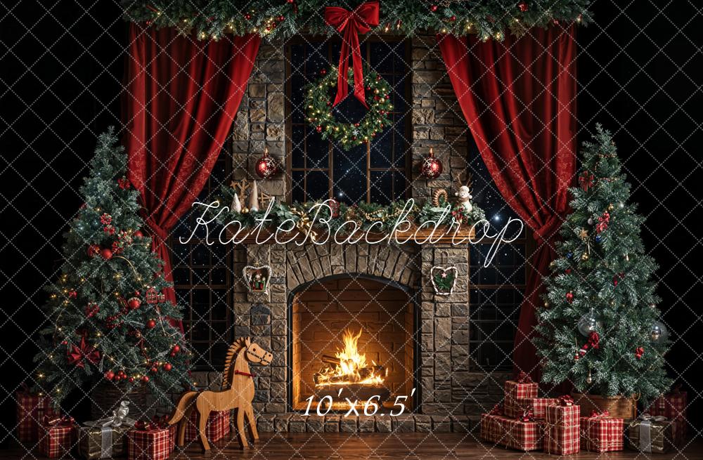 Kate Dark Christmas Fireplace Trees Backdrop Designed by Emetselch - Image 4