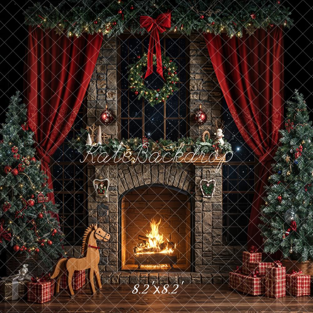 Kate Dark Christmas Fireplace Trees Backdrop Designed by Emetselch - Image 5