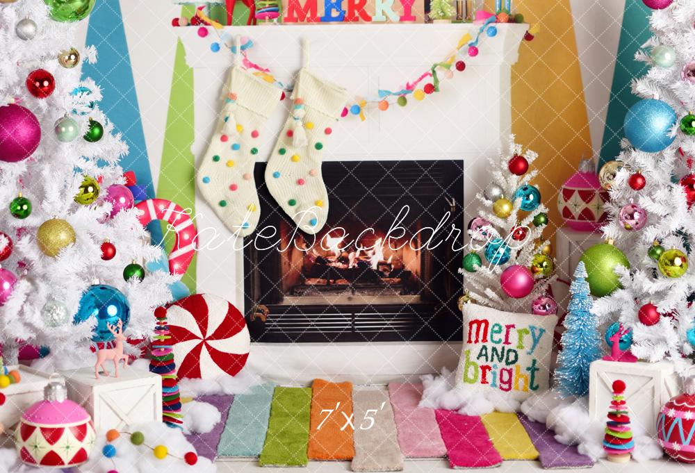 Kate Christmas Fireplace Bright Decorations Backdrop Designed by Mandy Ringe Photography - Image 2