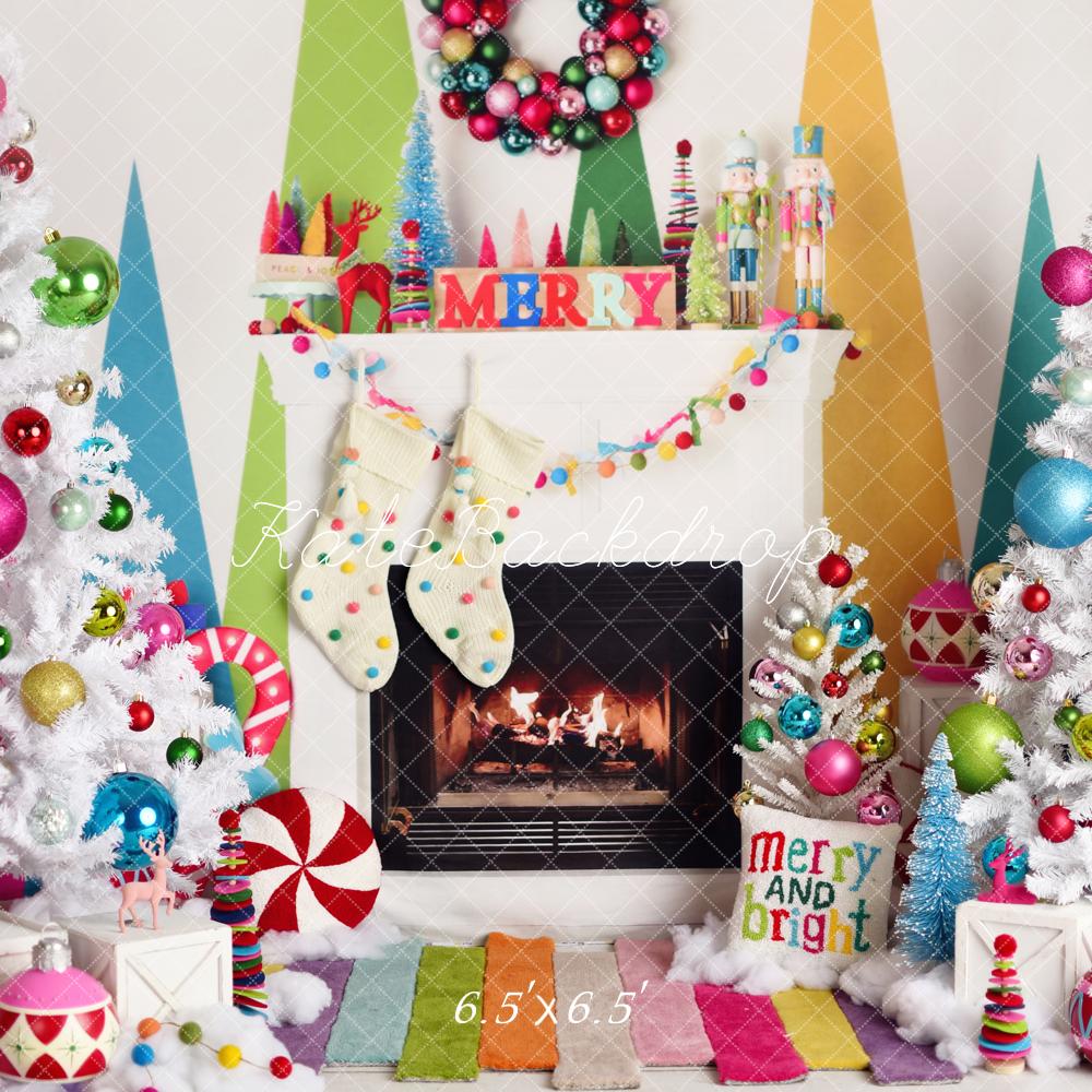 Kate Christmas Fireplace Bright Decorations Backdrop Designed by Mandy Ringe Photography - Image 3
