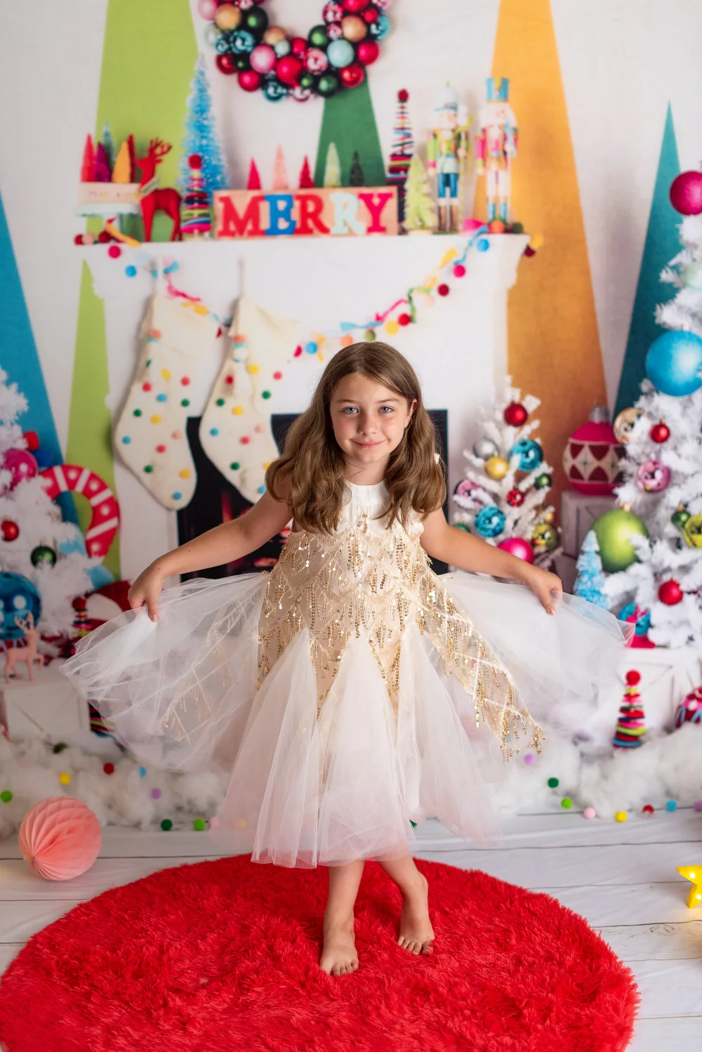 Kate Christmas Fireplace Bright Decorations Backdrop Designed by Mandy Ringe Photography - Image 9