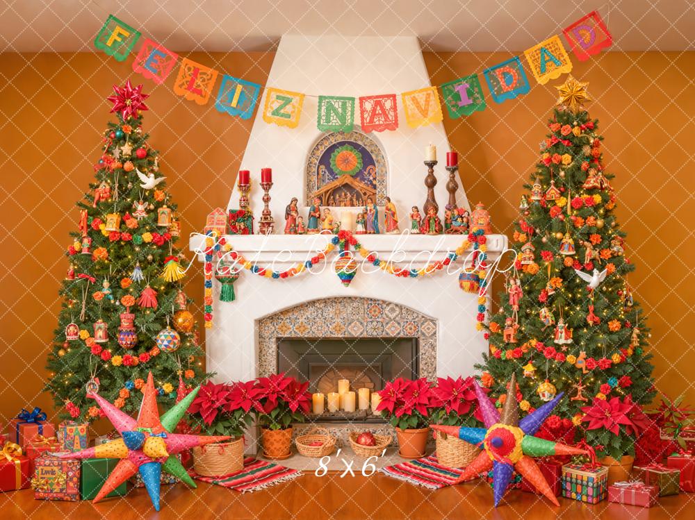 Kate Christmas Fireplace Festive Trees Piñatas Backdrop Designed by Emetselch - Image 3