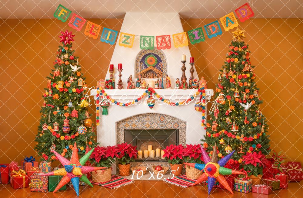 Kate Christmas Fireplace Festive Trees Piñatas Backdrop Designed by Emetselch - Image 4