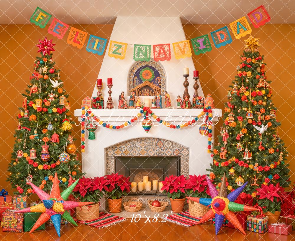 Kate Christmas Fireplace Festive Trees Piñatas Backdrop Designed by Emetselch - Image 6