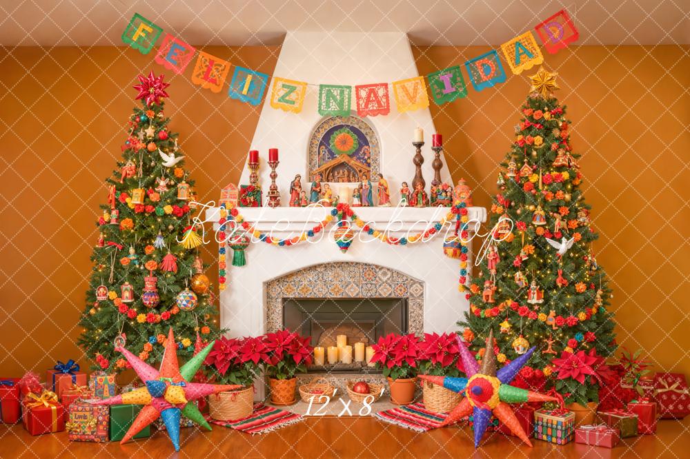 Kate Christmas Fireplace Festive Trees Piñatas Backdrop Designed by Emetselch - Image 8