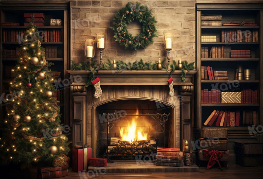 Kate Christmas Fireplace Flame Bookstore Backdrop for Photography - Image 2