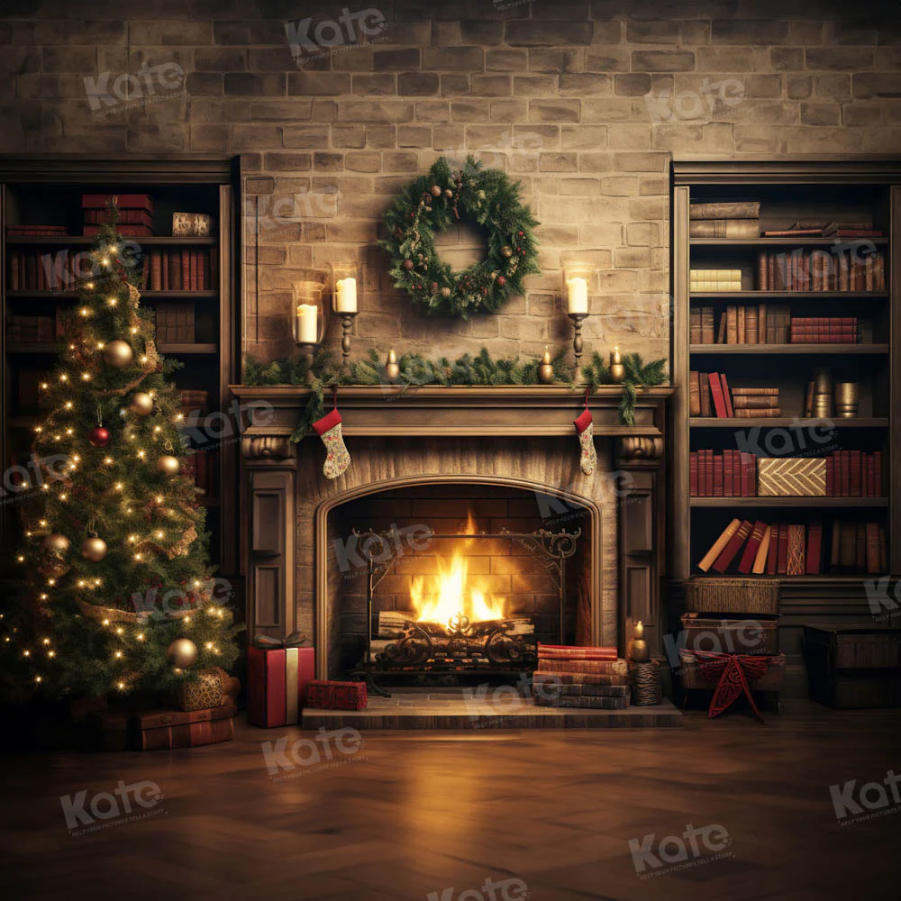 Kate Christmas Fireplace Flame Bookstore Backdrop for Photography - Image 4