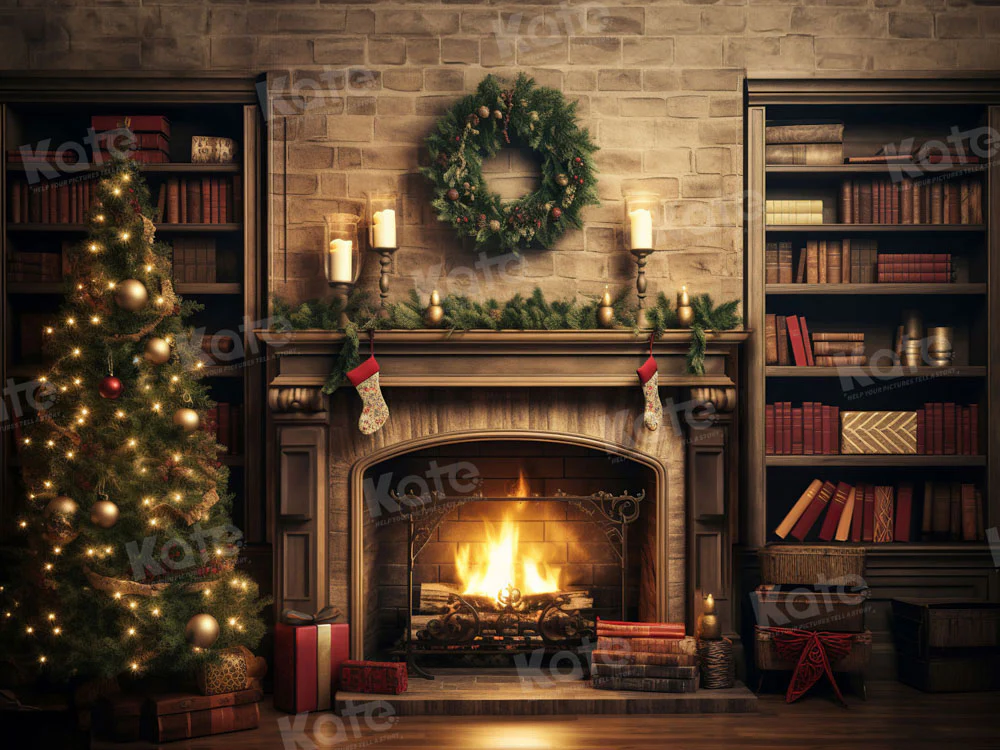 Kate Christmas Fireplace Flame Bookstore Backdrop for Photography - Image 5