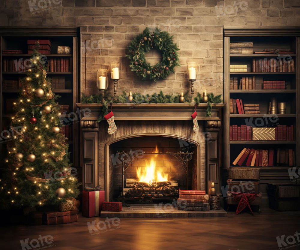 Kate Christmas Fireplace Flame Bookstore Backdrop for Photography - Image 6