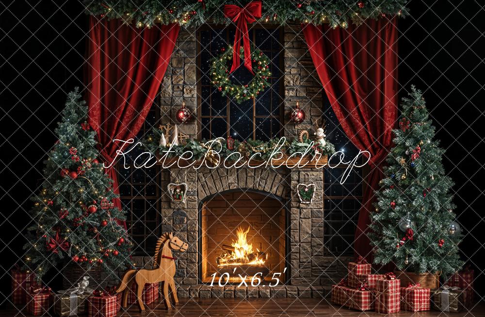 Kate Christmas Fireplace Dark Fleece Backdrop Designed by Emetselch - Image 2