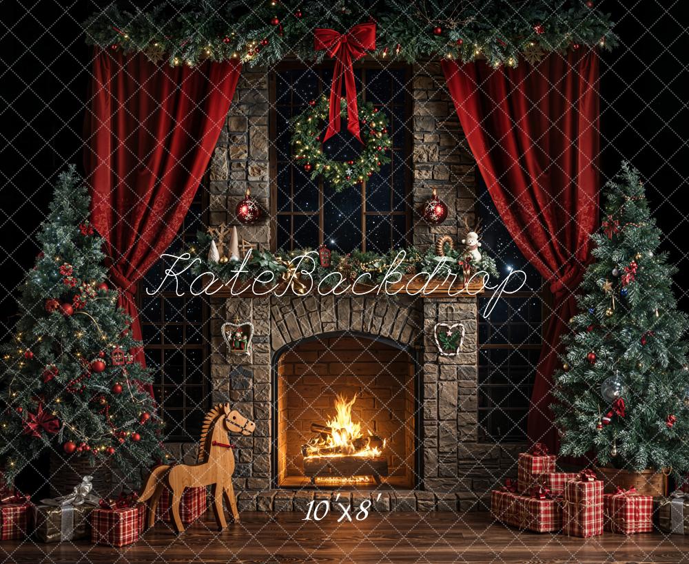 Kate Christmas Fireplace Dark Fleece Backdrop Designed by Emetselch - Image 3