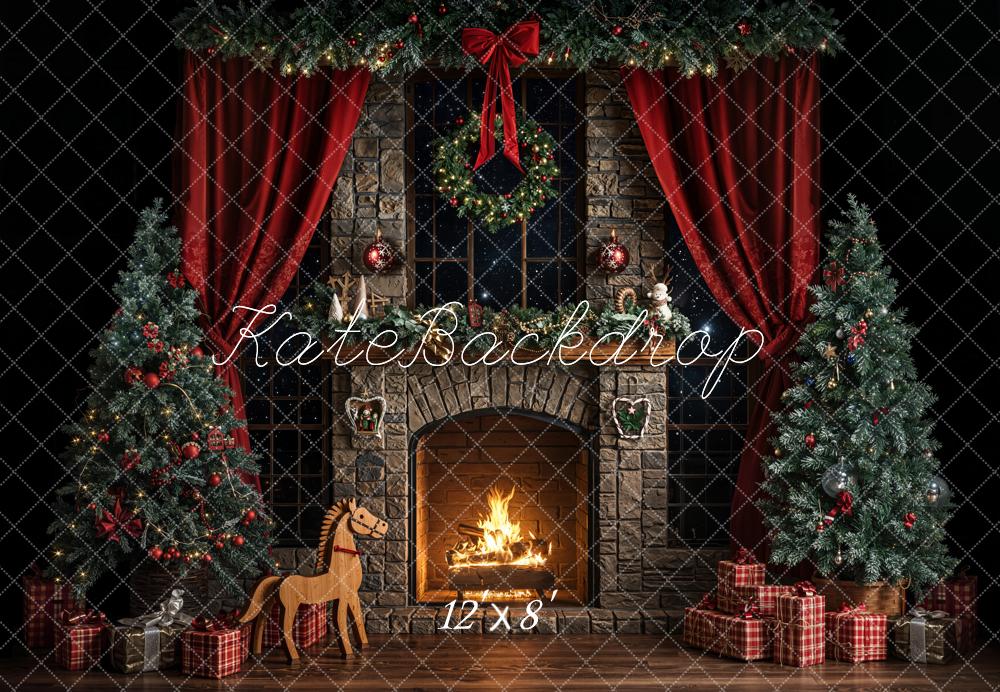 Kate Christmas Fireplace Dark Fleece Backdrop Designed by Emetselch - Image 4