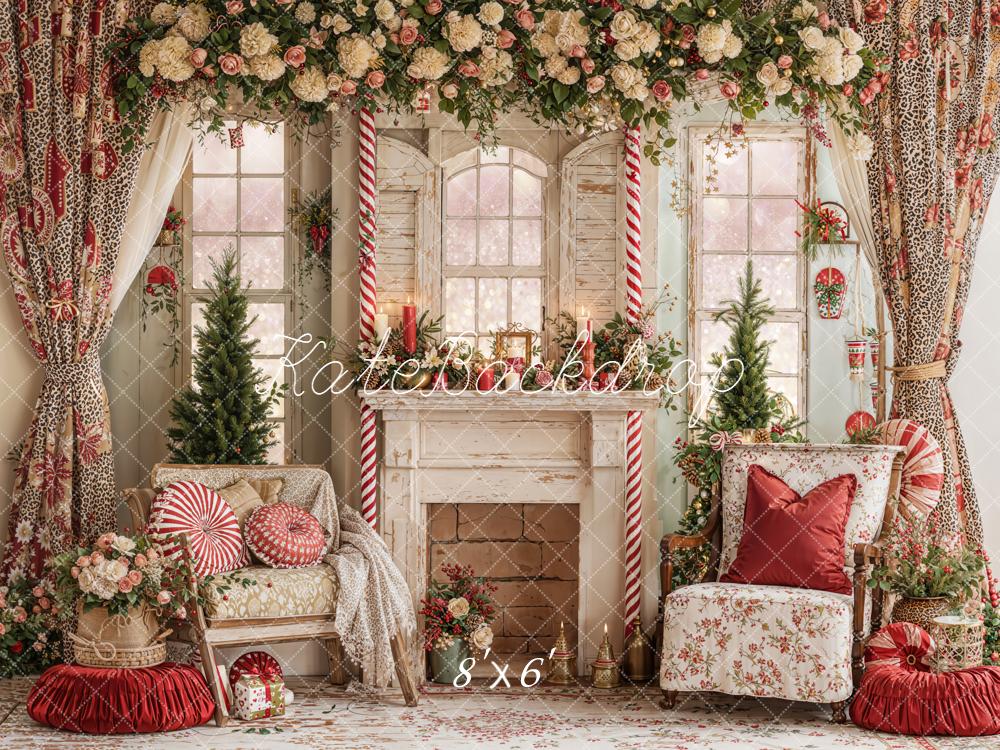 Kate Christmas Fireplace Candy Cane Fleece Backdrop Designed by Emetselch