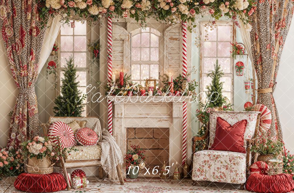 Kate Christmas Fireplace Candy Cane Fleece Backdrop Designed by Emetselch - Image 2