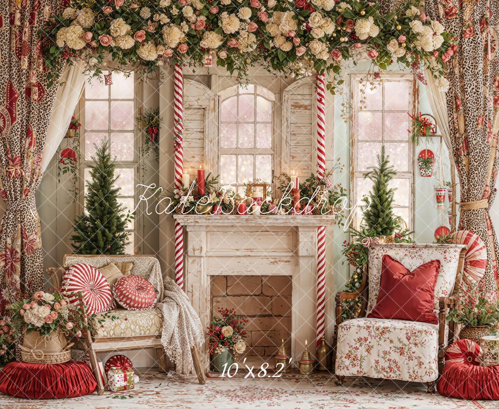 Kate Christmas Fireplace Candy Cane Fleece Backdrop Designed by Emetselch - Image 3