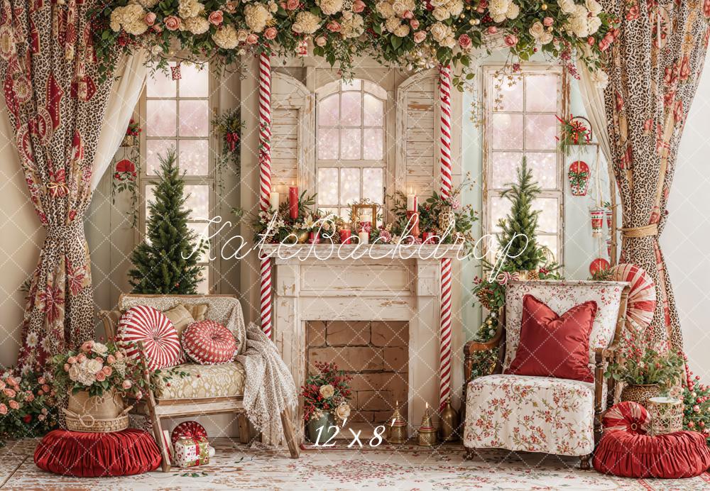 Kate Christmas Fireplace Candy Cane Fleece Backdrop Designed by Emetselch - Image 4