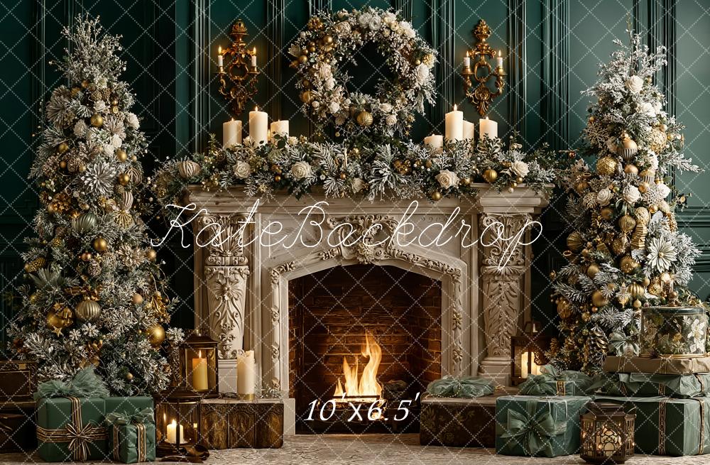 Kate Christmas Fireplace Garland Green Fleece Backdrop Designed by Emetselch - Image 2