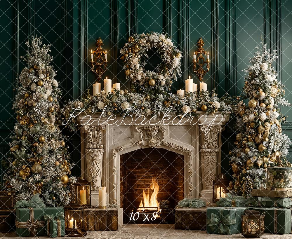Kate Christmas Fireplace Garland Green Fleece Backdrop Designed by Emetselch - Image 3