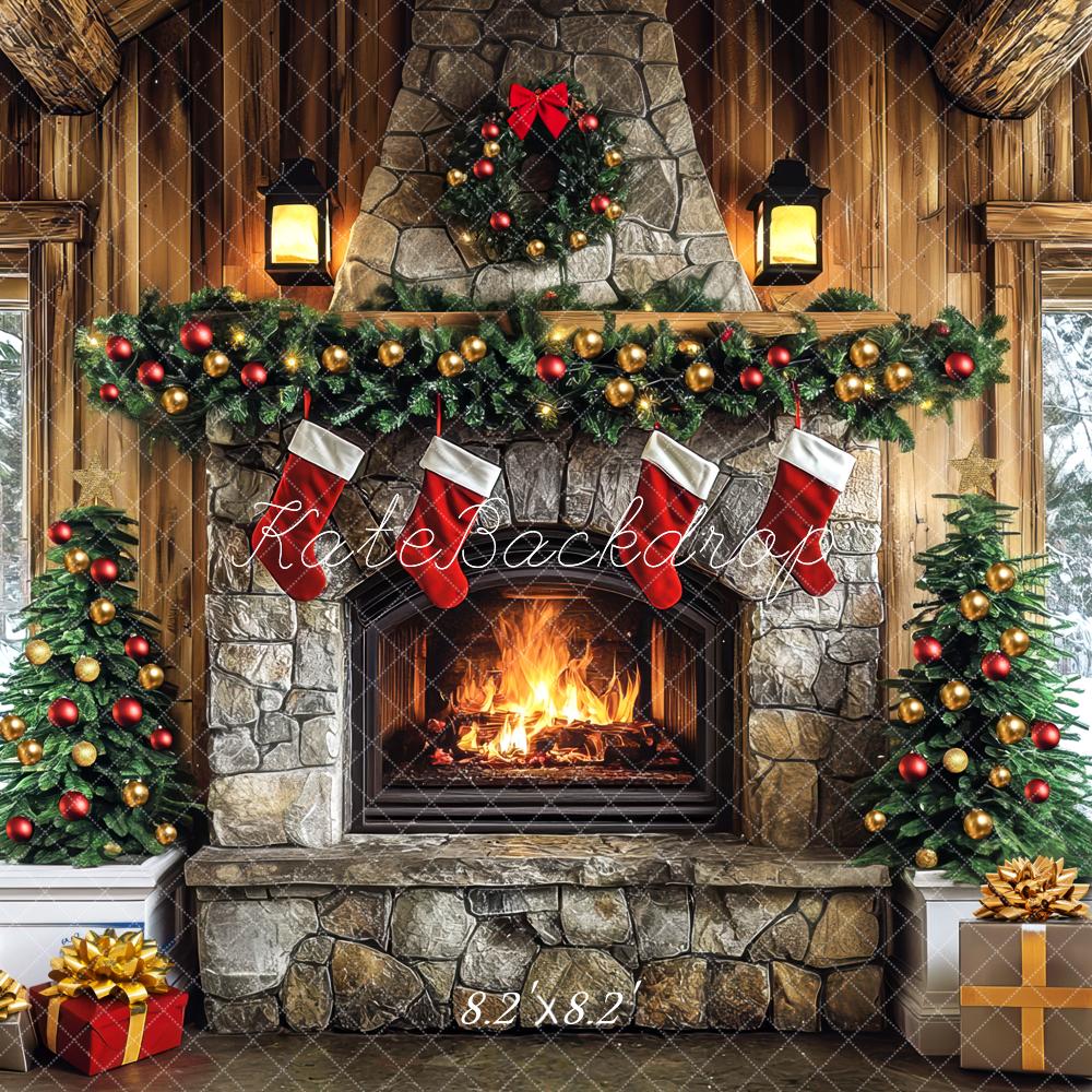 Kate Christmas Fireplace Garland Presents Backdrop Designed by Mini MakeBelieve - Image 5