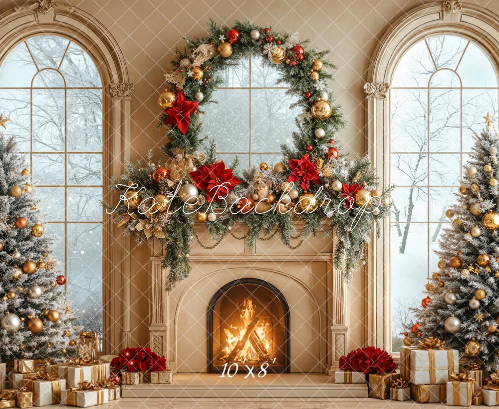 Kate Christmas Fireplace Garland Trees Fleece Backdrop Designed by Emetselch - Image 3
