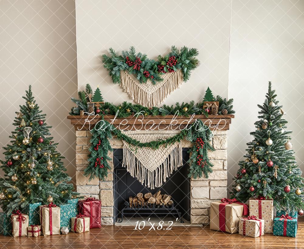 Kate Christmas Fireplace Garland Trees Presents Fleece Backdrop Designed by Emetselch - Image 3