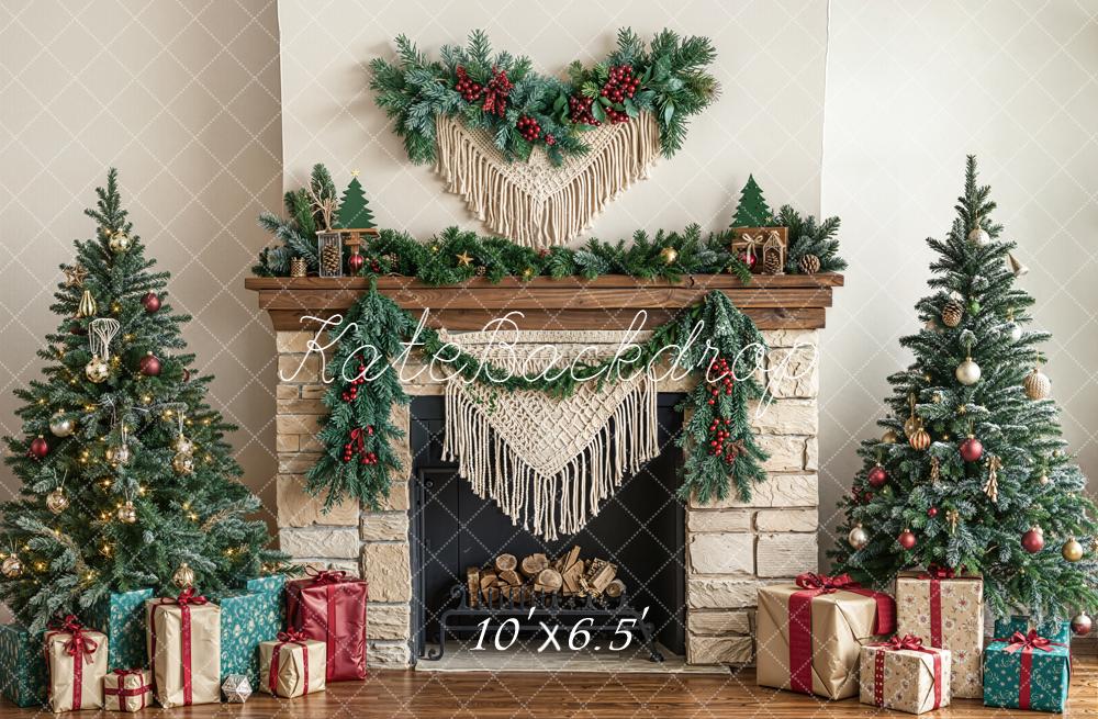 Kate Christmas Fireplace Gift Boxes Trees Backdrop Designed by Emetselch - Image 4