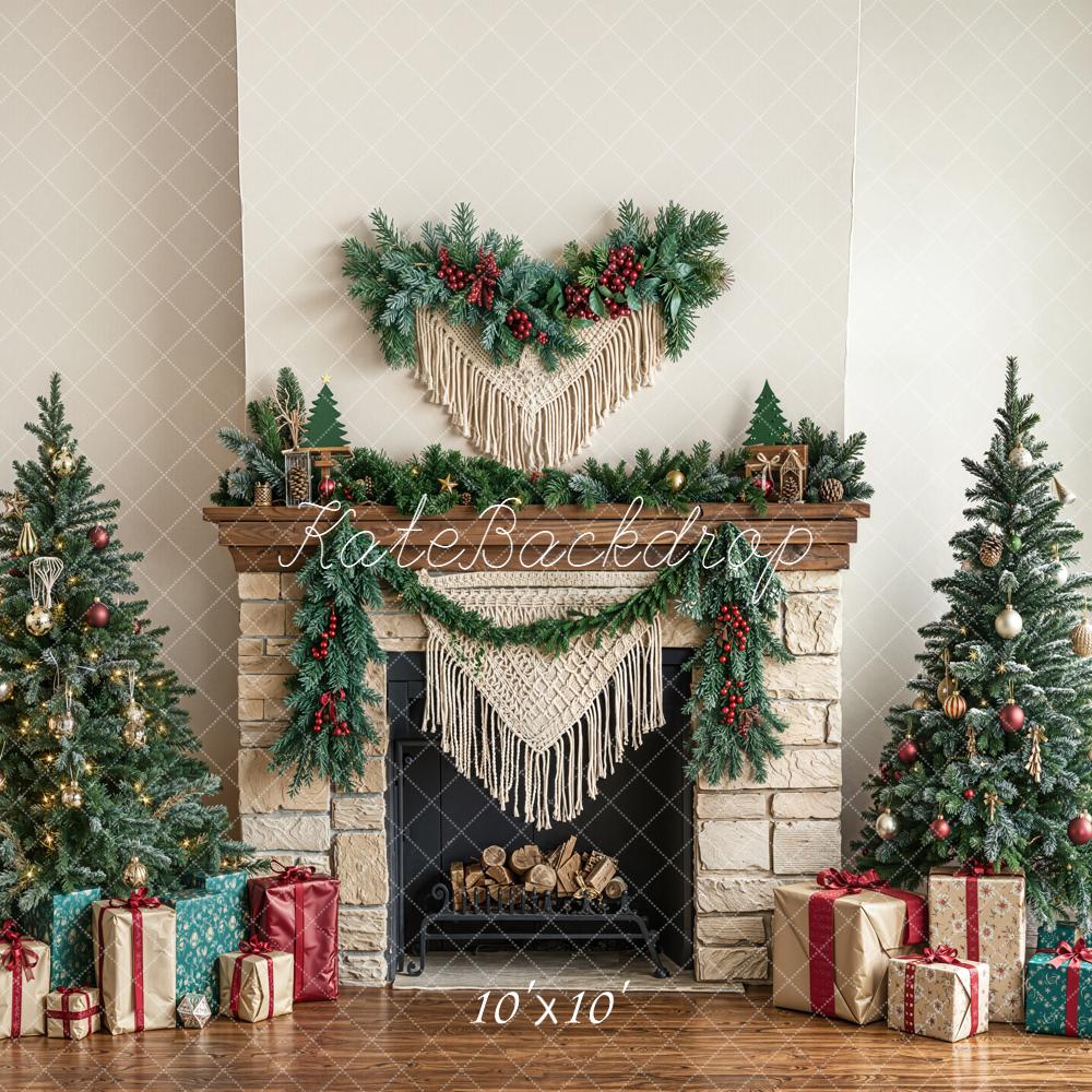 Kate Christmas Fireplace Gift Boxes Trees Backdrop Designed by Emetselch - Image 7