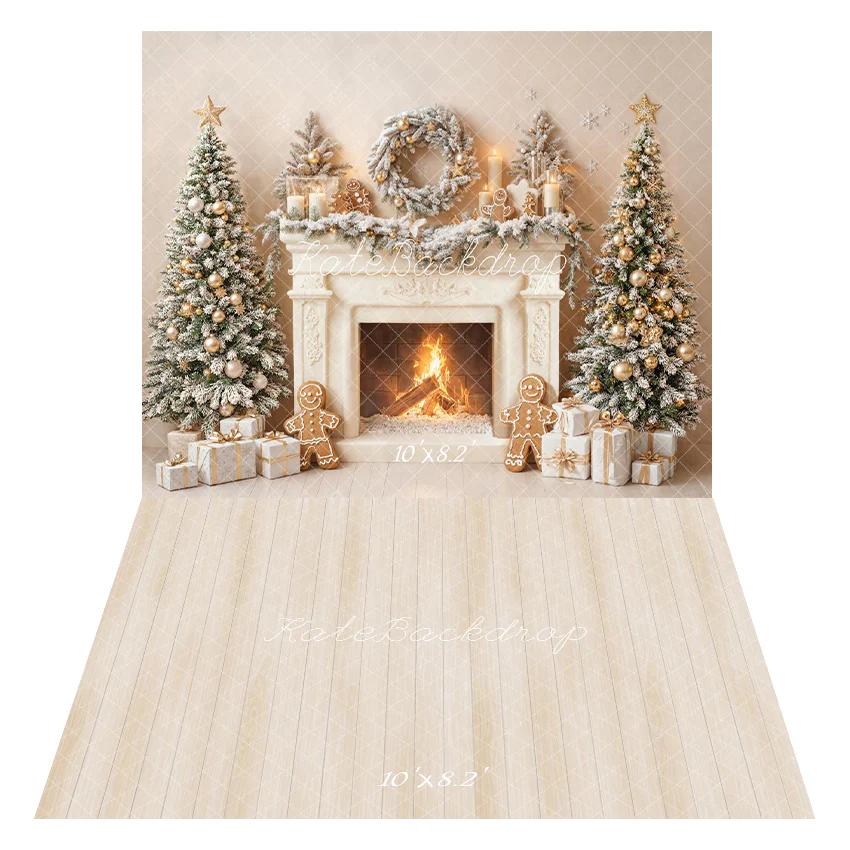 Kate Christmas Fireplace Gingerbread Trees Gifts Backdrop+Beige Wood Floor Backdrop - Image 2