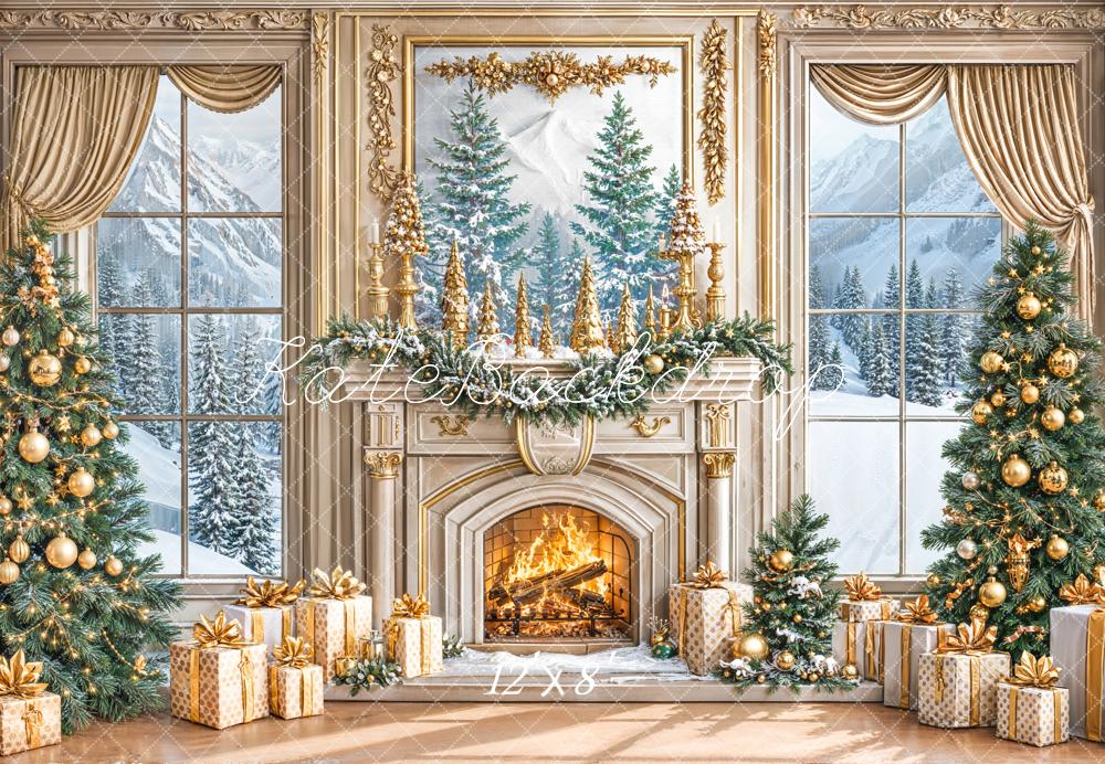 Kate Christmas Gold Fireplace Trees Fleece Backdrop Designed by Emetselch - Image 2