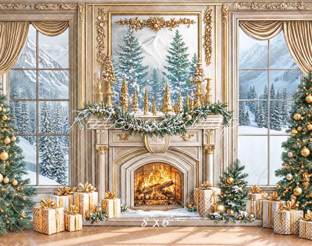 Kate Christmas Gold Fireplace Trees Fleece Backdrop Designed by Emetselch - Image 3