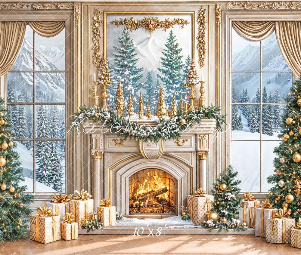 Kate Christmas Gold Fireplace Trees Fleece Backdrop Designed by Emetselch - Image 4