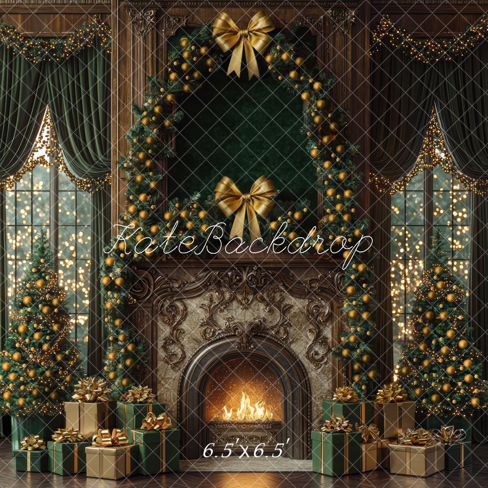 Kate Christmas Fireplace Green Curtains Window Backdrop Designed by Mini MakeBelieve - Image 2