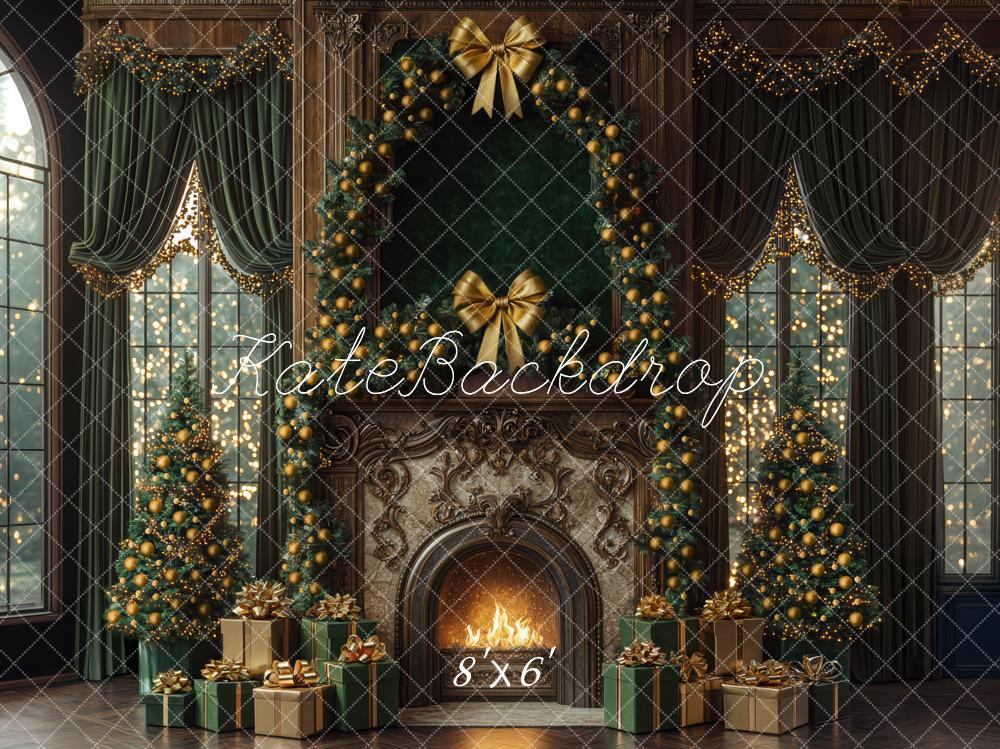 Kate Christmas Fireplace Green Curtains Window Backdrop Designed by Mini MakeBelieve - Image 3