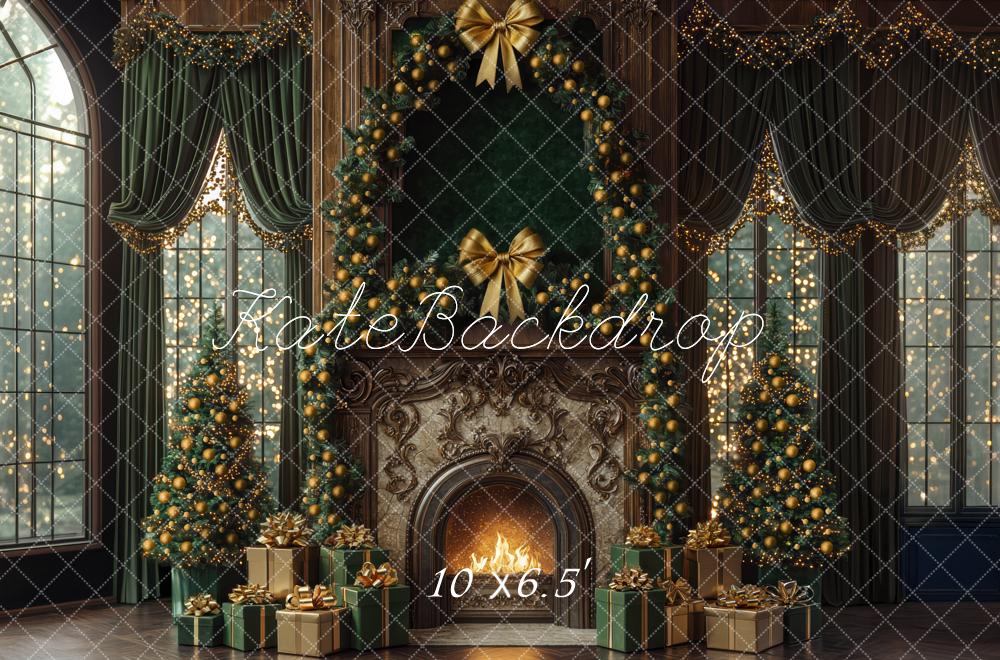 Kate Christmas Fireplace Green Curtains Window Backdrop Designed by Mini MakeBelieve - Image 4